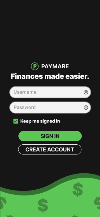 Screen used for logging in or for signing up for Paymare