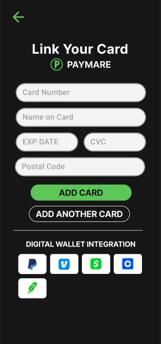 Screen for adding cards and integrated digital wallets to your Paymare account.