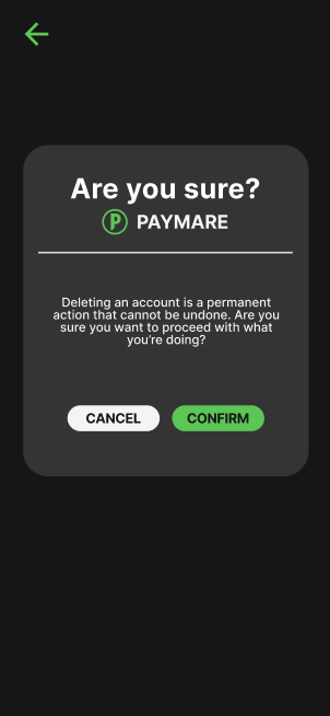Screen for confirming to delete your Paymare Account.