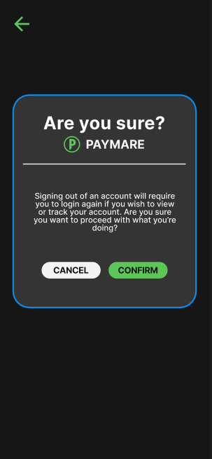 Screen for confirming logging out of a Paymare account.