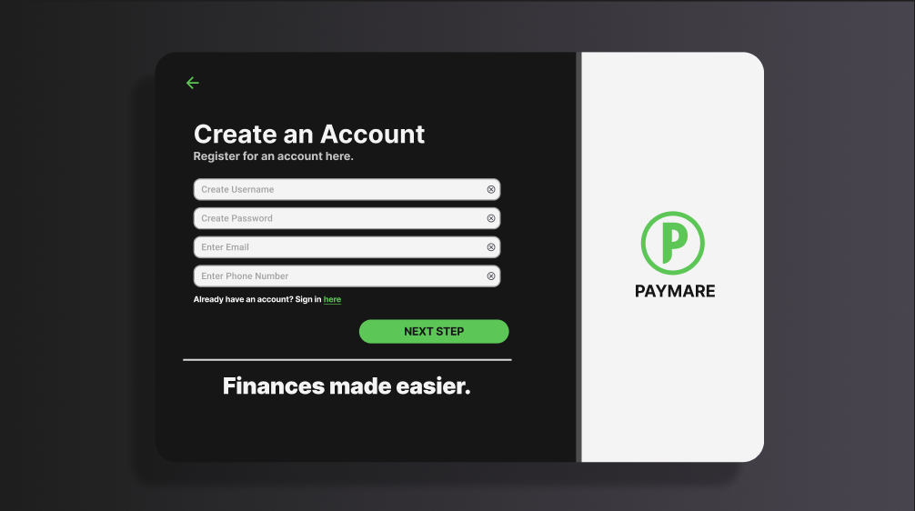 Screen for account creation