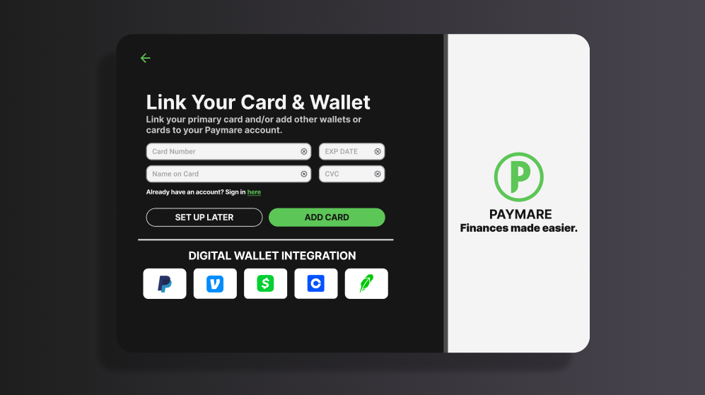 Screen for linking cards or integrated wallets
