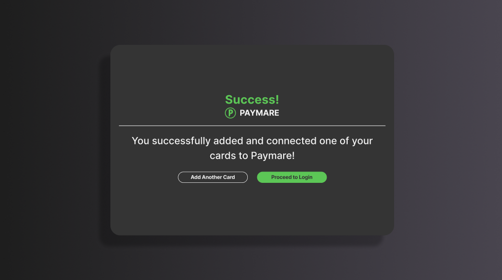 Screen for successfully connecting a card during signup