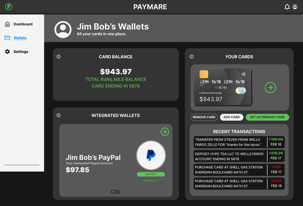 Screen that shows anything related to your cards or wallets.