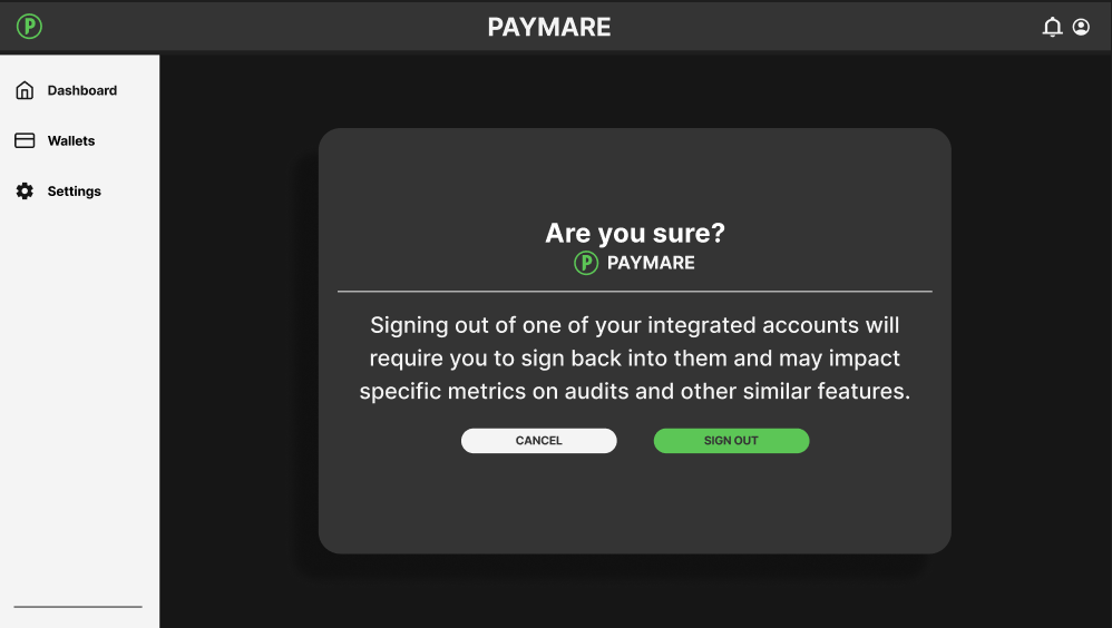 Screen to confirm if you want to sign out of an integrated wallet