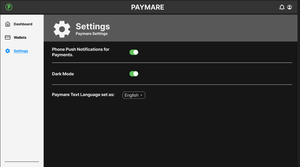 Screen for Paymare Settings