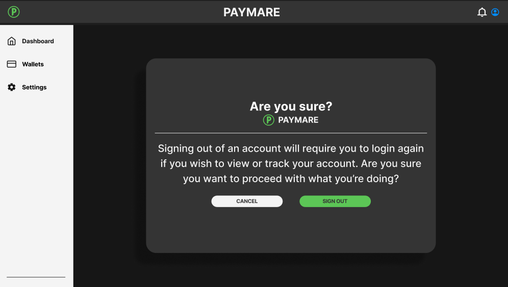 Screen to confirm logging out of Paymare account
