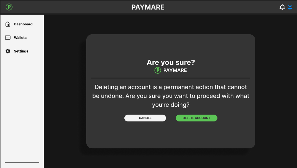 Screen to confirm deleting a Paymare Account.