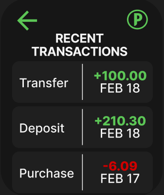Screen showing all recent transactions of the chosen card